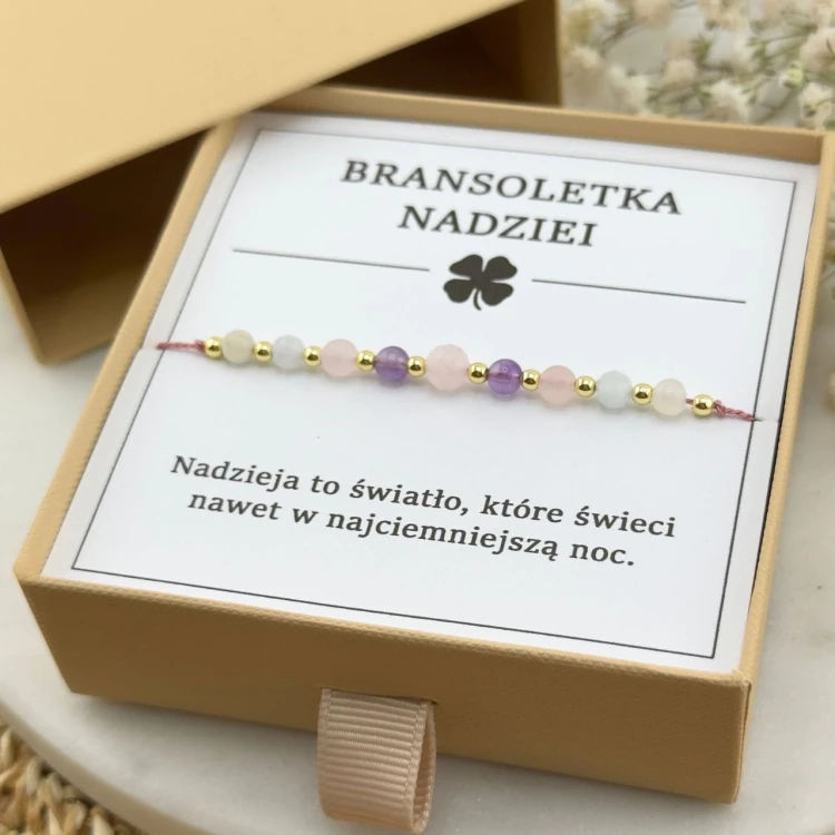 bransoletka talizman nadziei na sznurku z kamienia kwarc różowego ametystu