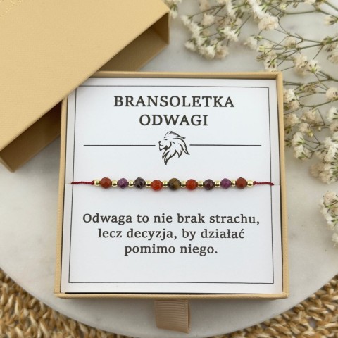 bransoletka odwagi na sznurku z tygrysim okiem karneolem granatem rubinem