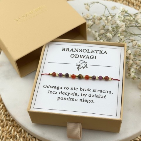 damska bransoletka odwagi na sznurku z kamieni tygrysie oko karneol granat