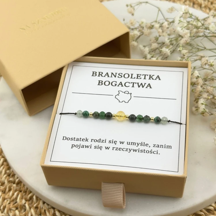 zielona bransoletka bogactwa na sznurku z kamienia szmaragdu cytrynu malachitu
