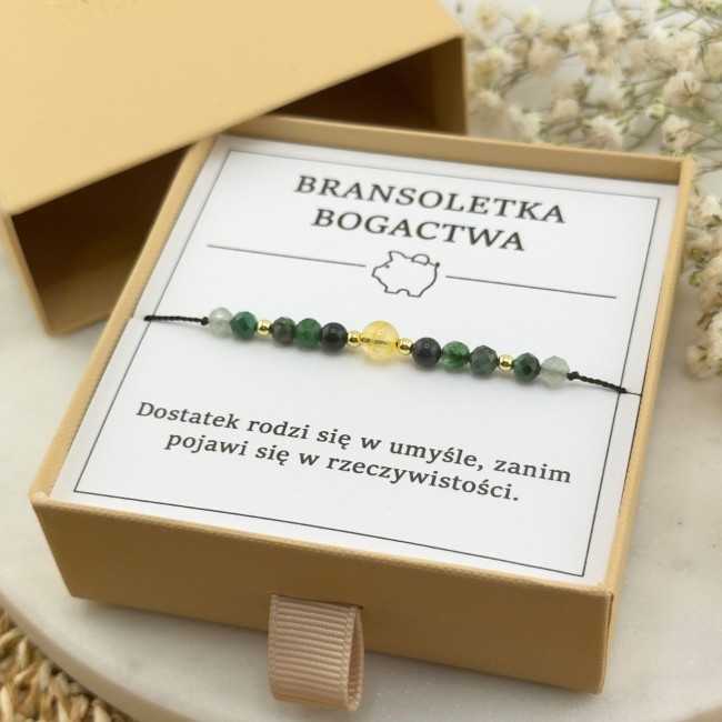 bransoletka talizman na bogactwo na sznurku z kamieni naturalnych szmaragd cytryn