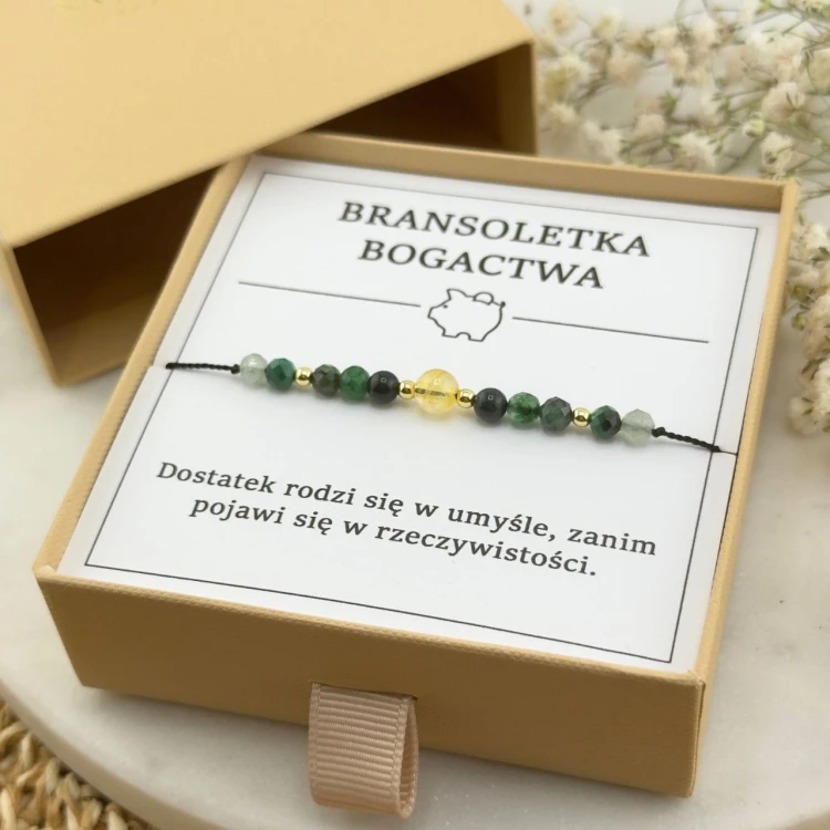 bransoletka talizman na bogactwo na sznurku z kamieni naturalnych szmaragd cytryn