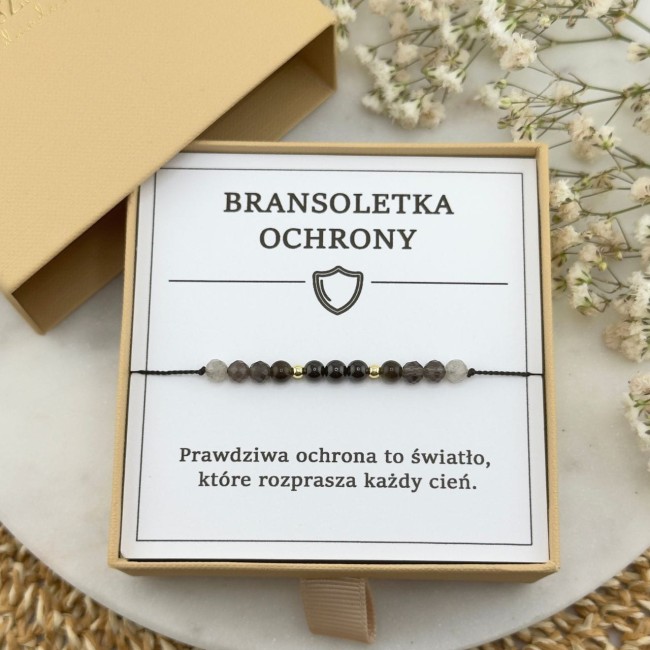bransoletka ochronna na sznurku z kamieni naturalnych obsydianu turmalinu kwarcu dymnego