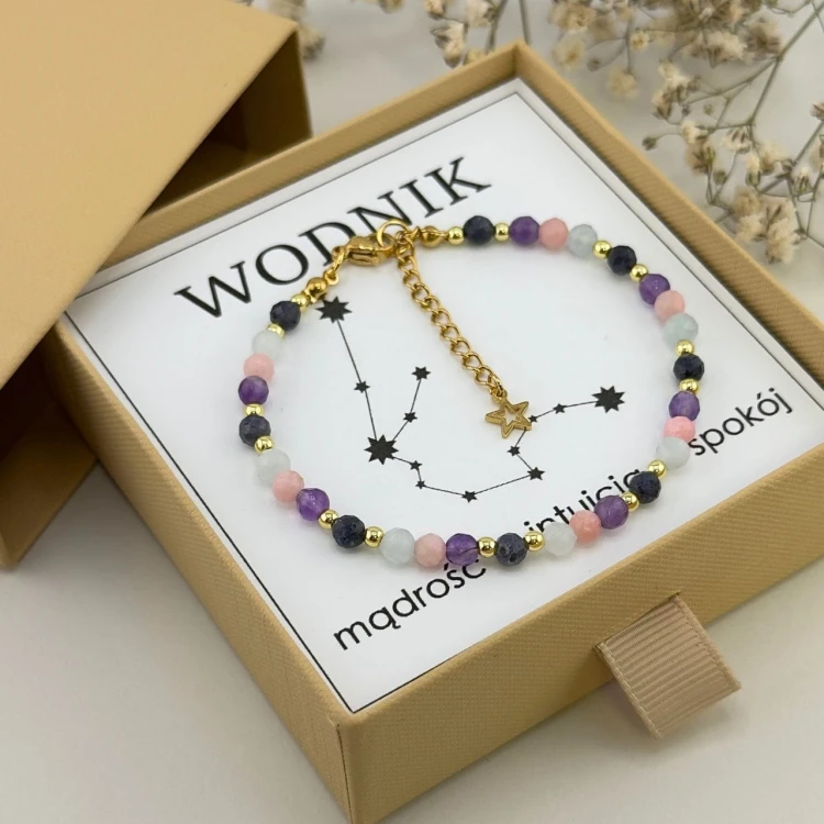 bransoletka zodiakalna dla wodnika z kamieni naturalnych zapinana z zawieszką gwiazdki
