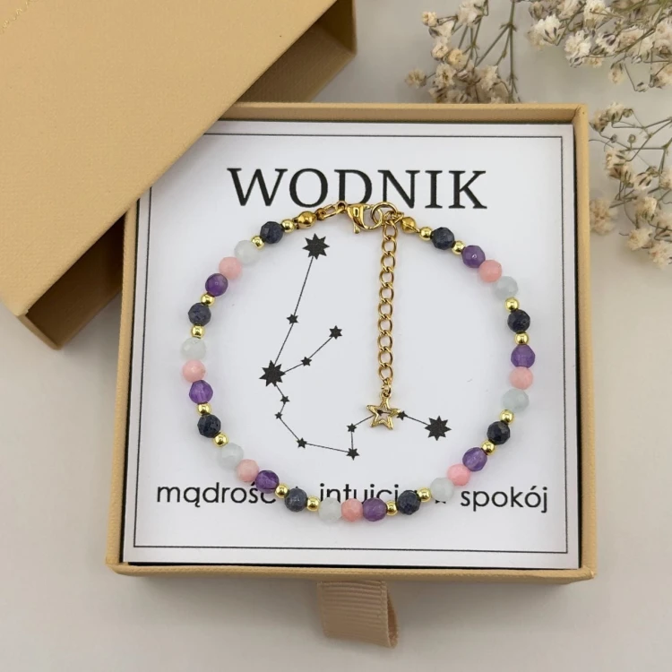 damska bransoletka dla znaku zodiaku wodnik z kamieni naturalnych i stali chirurgicznej pvd