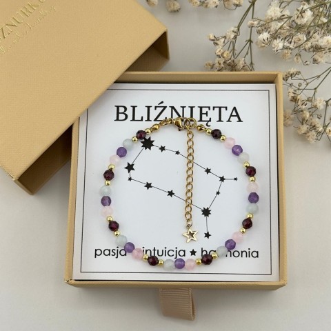 bransoletka zodiakalna dla bliźniąt z kamieni naturalnych i stali chirurgicznej zapinana