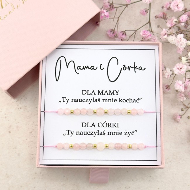 bransoletka dla mamy córki na sznurku z kamieni kwarcu różowego prezent dla mamy