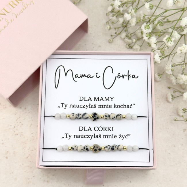 mama i córka komplet bransoletek na sznurku z kamieni naturalnych czarne białe elegancki prezent dla mamy