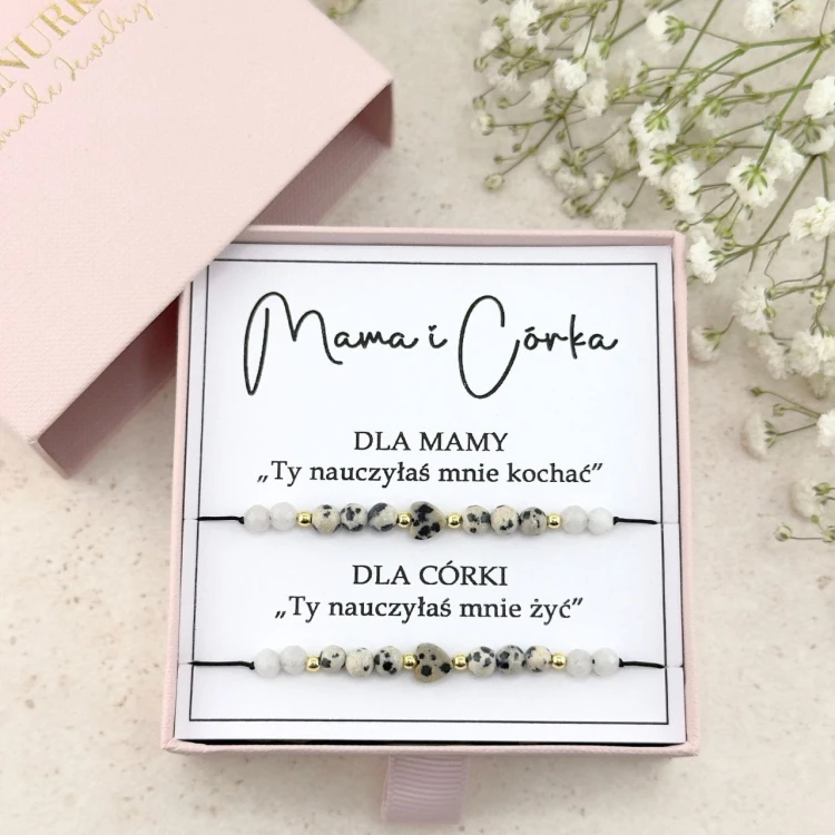 mama i córka komplet bransoletek na sznurku z kamieni naturalnych czarne białe elegancki prezent dla mamy