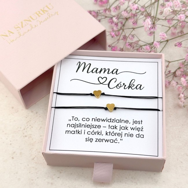 bransoletki dla mamy i córki na sznurku z sercem serduszkiem złote czarne wiązanie makramy