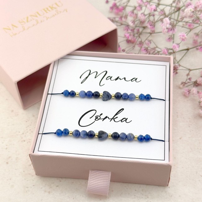 mama i córka zestaw bransoletek na sznurku z kamieni naturalnych granatowe personalizowany prezent dla mamy córki