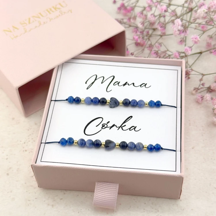 mama i córka zestaw bransoletek na sznurku z kamieni naturalnych granatowe personalizowany prezent dla mamy córki