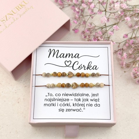 brązowe bransoletki dla mamy i córki na sznurku z kamieni naturalnych wyjątkowy prezent dla mamy oryginalny