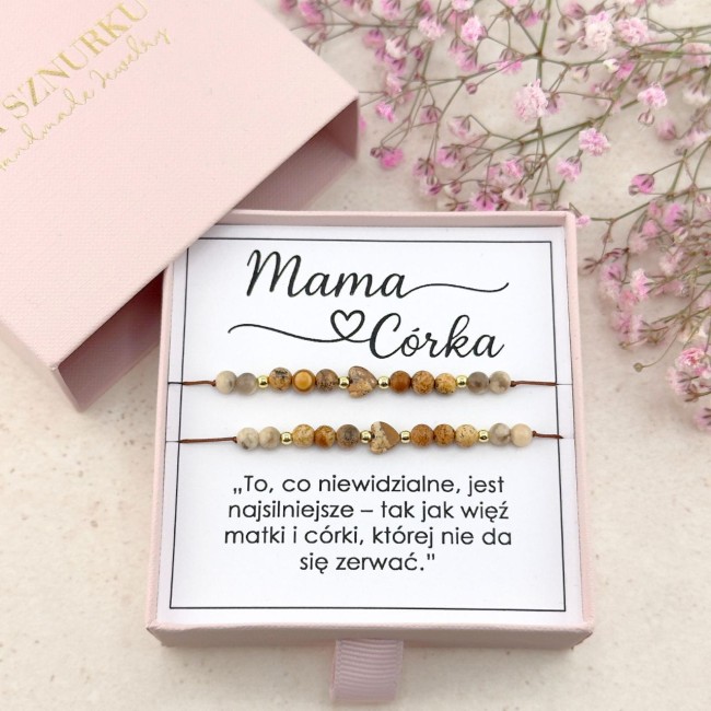 brązowe bransoletki dla mamy i córki na sznurku z kamieni naturalnych wyjątkowy prezent dla mamy oryginalny