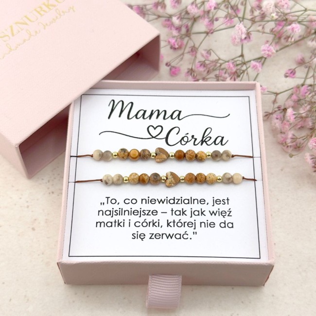 bransoletka mama i córka dwie bransoletki komplet brązowe z serduszkiem sercem jaspis