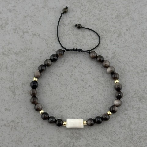 męska bransoletka na regulowanym sznurku z kamieni naturalnych obsydianu kamienia księżycowego hematytu