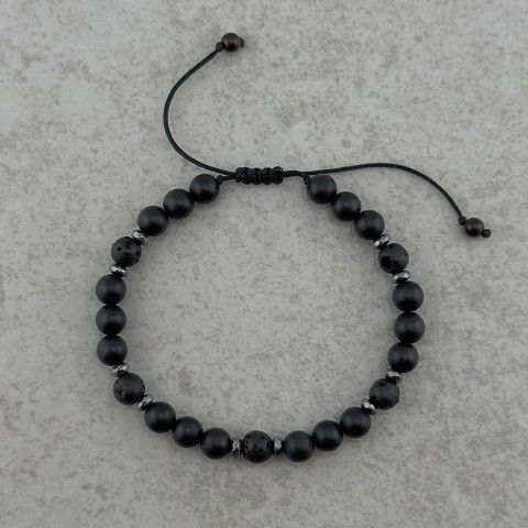bransoletka męska na sznurku nylonowym z kamieni naturalnych onyksu i lawy wulkanicznej