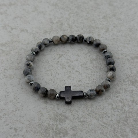 szara bransoletka z czarnym krzyżem męska dla faceta na elastycznej gumce