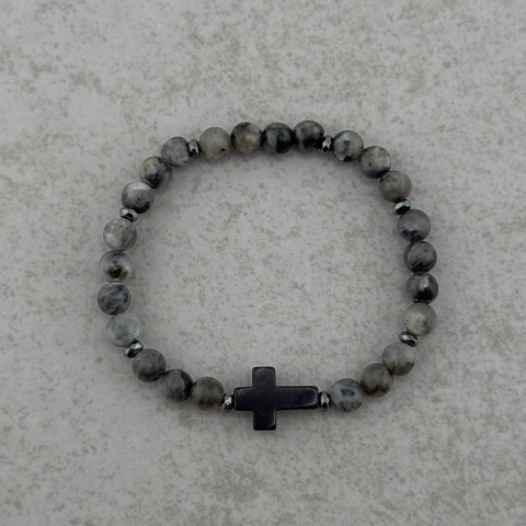 bransoletka męska na gumce z krzyżem szara czarna czarny krzyż kamienie naturalne