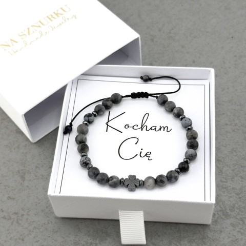 bransoletka męska na sznurku z koniczyną szara czarna ciemna regulowana
