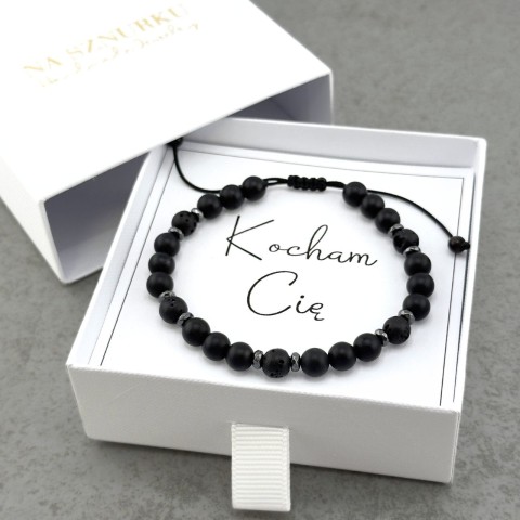 bransoletka męska kocham cię na sznurku z kamieni naturalnych onyks lawa czarna