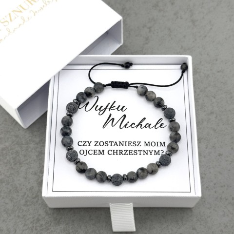 bransoletka męska na sznurku dla ojca chrzestnego z kamieni naturalnych szara czarna elegancka z zapytaniem