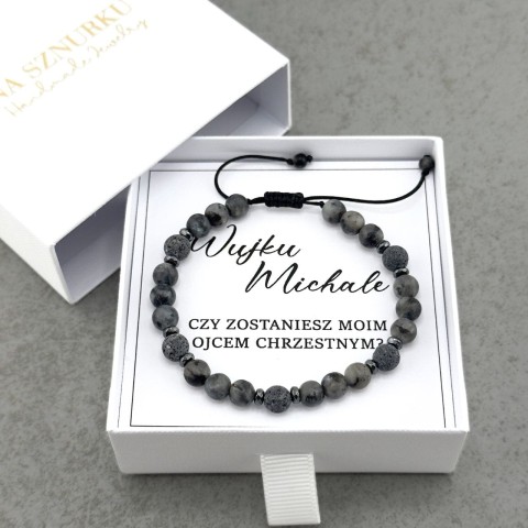 prezent dla chrzestnego z zapytaniem czy zostaniesz moim ojcem chrzestnym bransoletka męska na sznurku