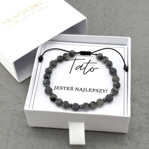 bransoletka męska na sznurku z kamieni naturalnych dla taty szara czarna regulowana