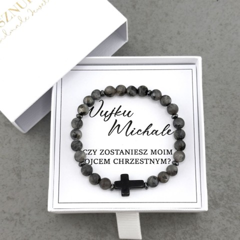 męska bransoletka na elastycznej gumce z czarnym krzyżem