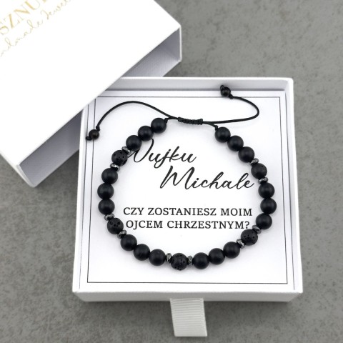 bransoletka męska czarna na sznurku z kamieni naturalnych dla ojca chrzestnego z zapytaniem