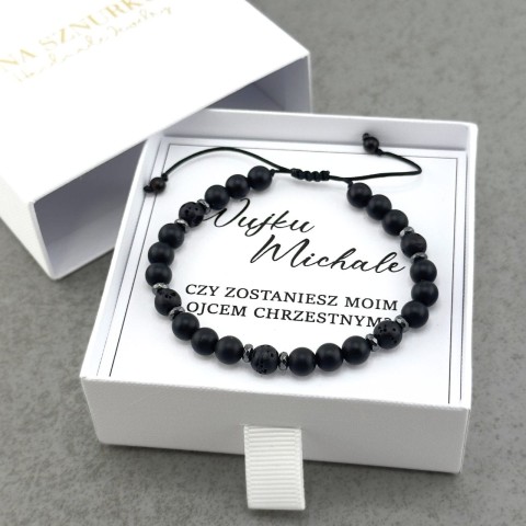 czy zostaniesz moim ojcem chrzestnym prezent bransoletka na sznurku wyjątkowy męska czarna onyks