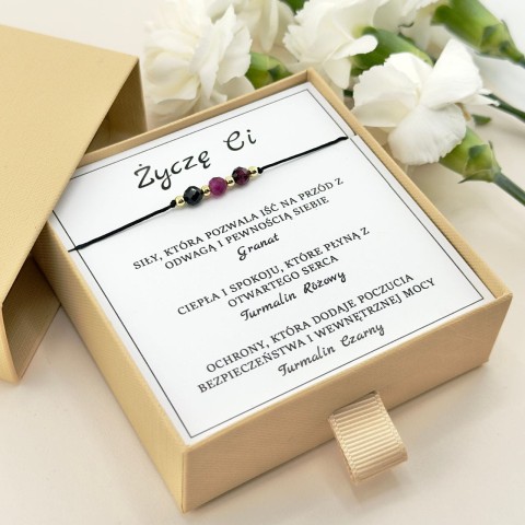 bransoletka na sznurku życzę ci z kamieni naturalnych granatu i turmalinu