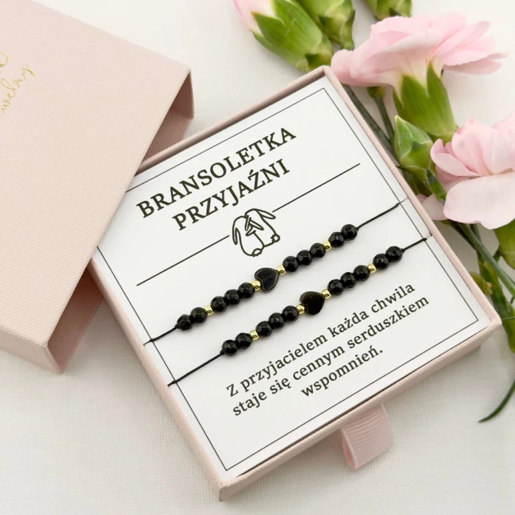 bransoletki przyjaźni na sznurku z kamienia naturalnego onyksu i czarnego serca