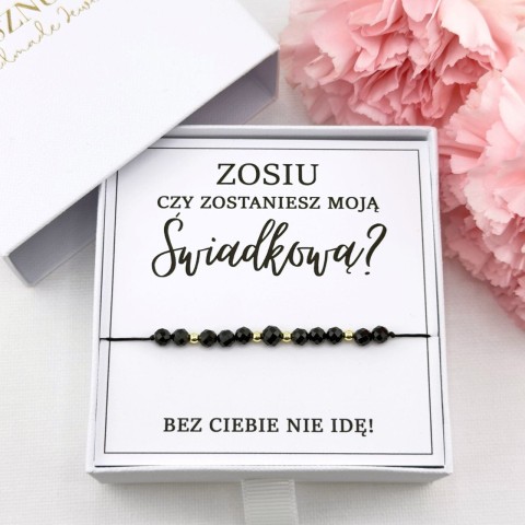 bransoletka dla świadkowej z czarnego turmalinu na sznurku