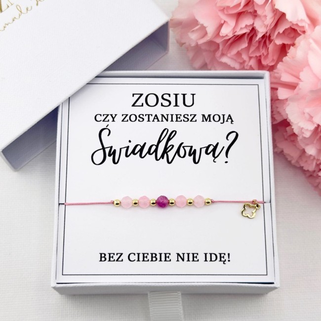 bransoletka dla świadkowej z kwarcu różowego rubinu z zawieszką koniczynki