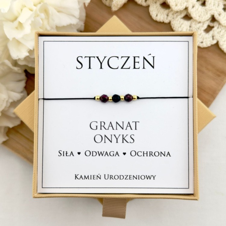 bransoletka z kamieni urodzeniowych dla stycznia z granatu i onyksu