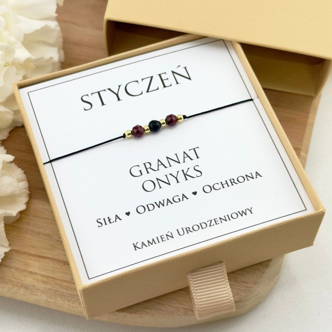bransoletka na czarnym sznurku z kamieni naturalnych granatu i onyksu