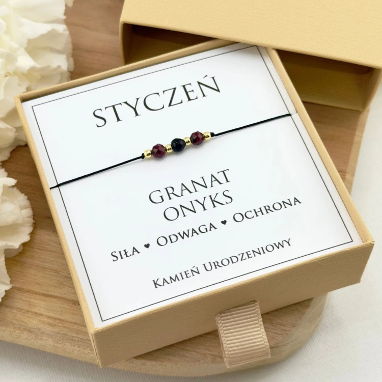 bransoletka na czarnym sznurku z kamieni naturalnych granatu i onyksu