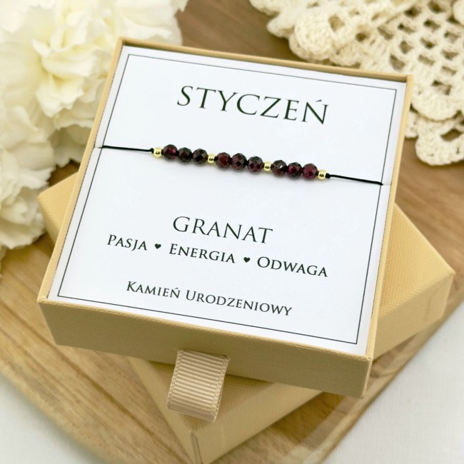 bransoletka urodzeniowa dla stycznia na sznurku z kamienia naturalnego granatu