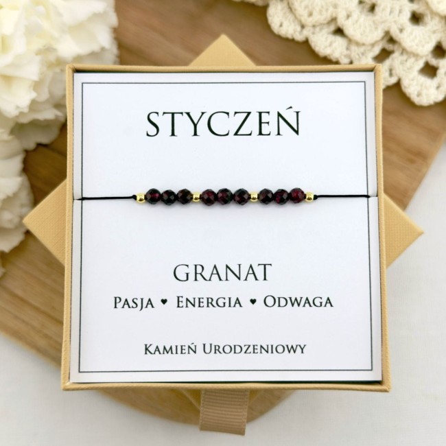 styczeń bransoletka urodzinowa z kamienia granatu na czarnym sznurku