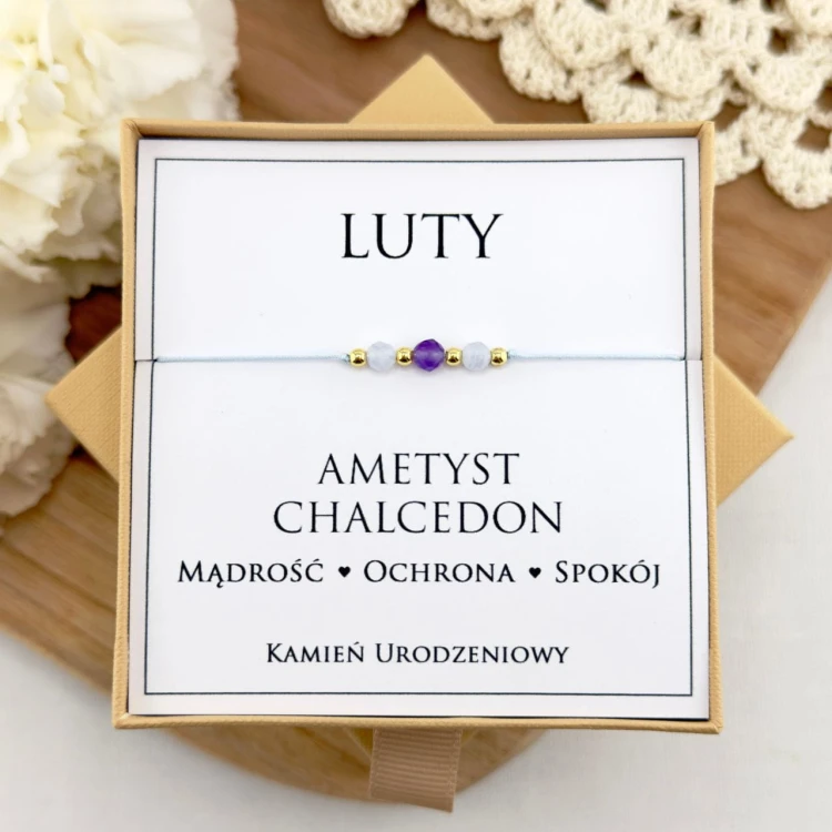 bransoletka urodzinowa luty na jasnoniebieskim sznurku z kamieni naturalnych