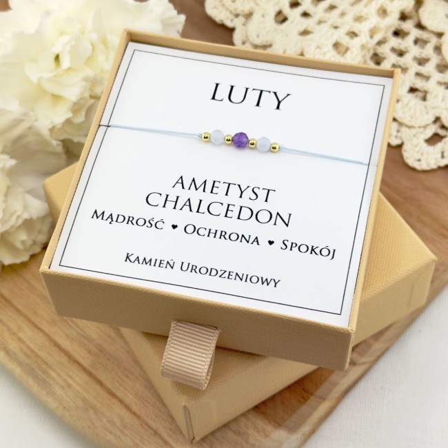jasnoniebieska bransoletka urodzinowa luty z ametystu i chalcedonu