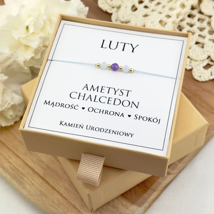 jasnoniebieska bransoletka urodzinowa luty z ametystu i chalcedonu