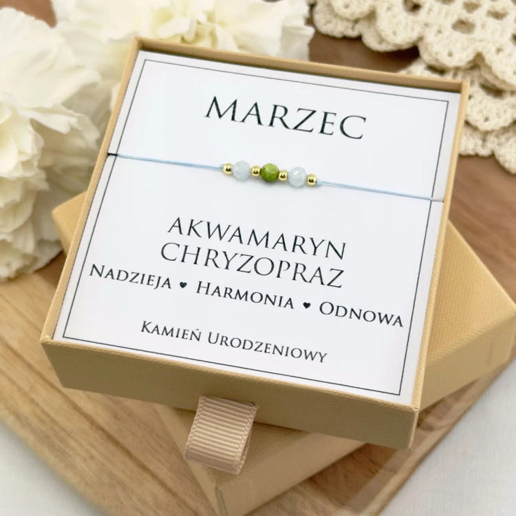 bransoletka urodzinowa marzec z akwamarynu i chryzoprazu na sznurku