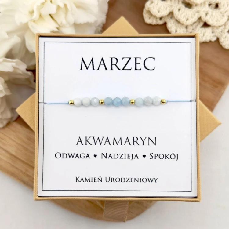 jasnoniebieska bransoletka urodzinowa marzec z kamienia akwamarynu na sznurku