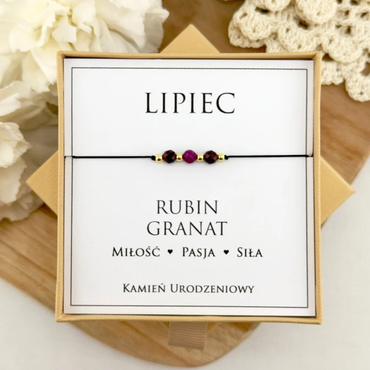 bransoletka urodzinowa lipiec z kamieni naturalnych rubinu i granatu