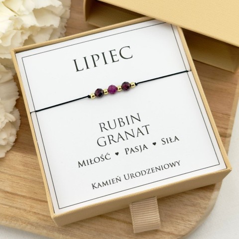 bransoletka urodzinowa dla lipca z rubinem i granatem na sznurku