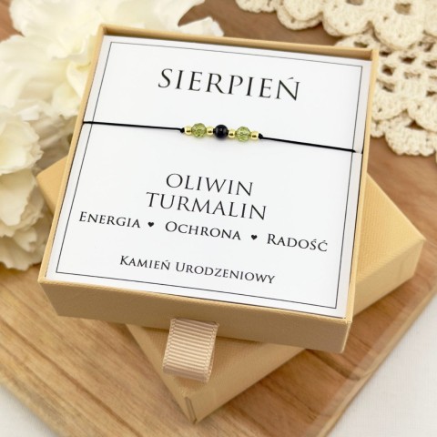bransoletka urodzinowa dla sierpnia z kamienia oliwinu i turmalinu na sznurku