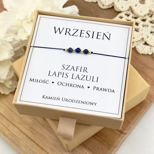 bransoletka urodzinowa wrzesień na sznurku z szafirem i lapis lazuli