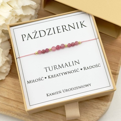 bransoletka urodzinowa październik z różowego turmalinu na sznurku